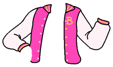 pink and white varsity jacket with the letter B in yellow on the right side of the chest